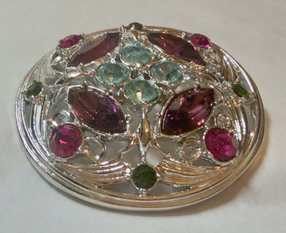 Vtg 1972 Sarah Coventry 'Springtime' Multi-Color Rhinestone Round Brooch 2"
